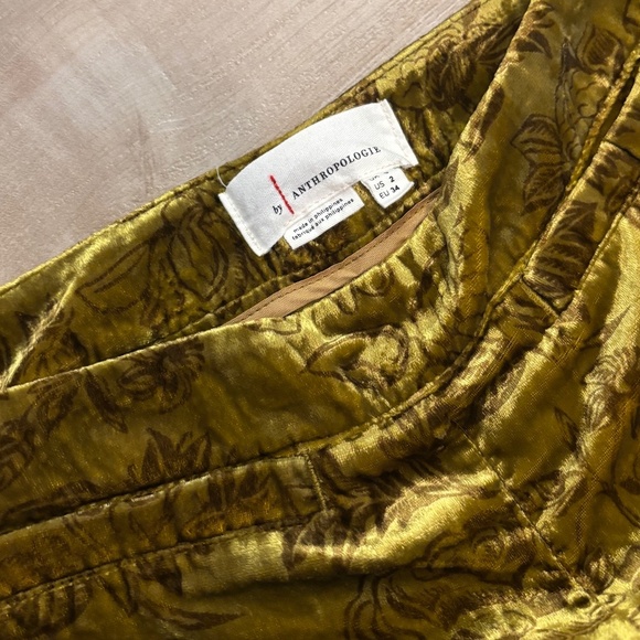 Anthropologie Gold Velvet Wide-Leg Floral Pants - Picture 3 of 10